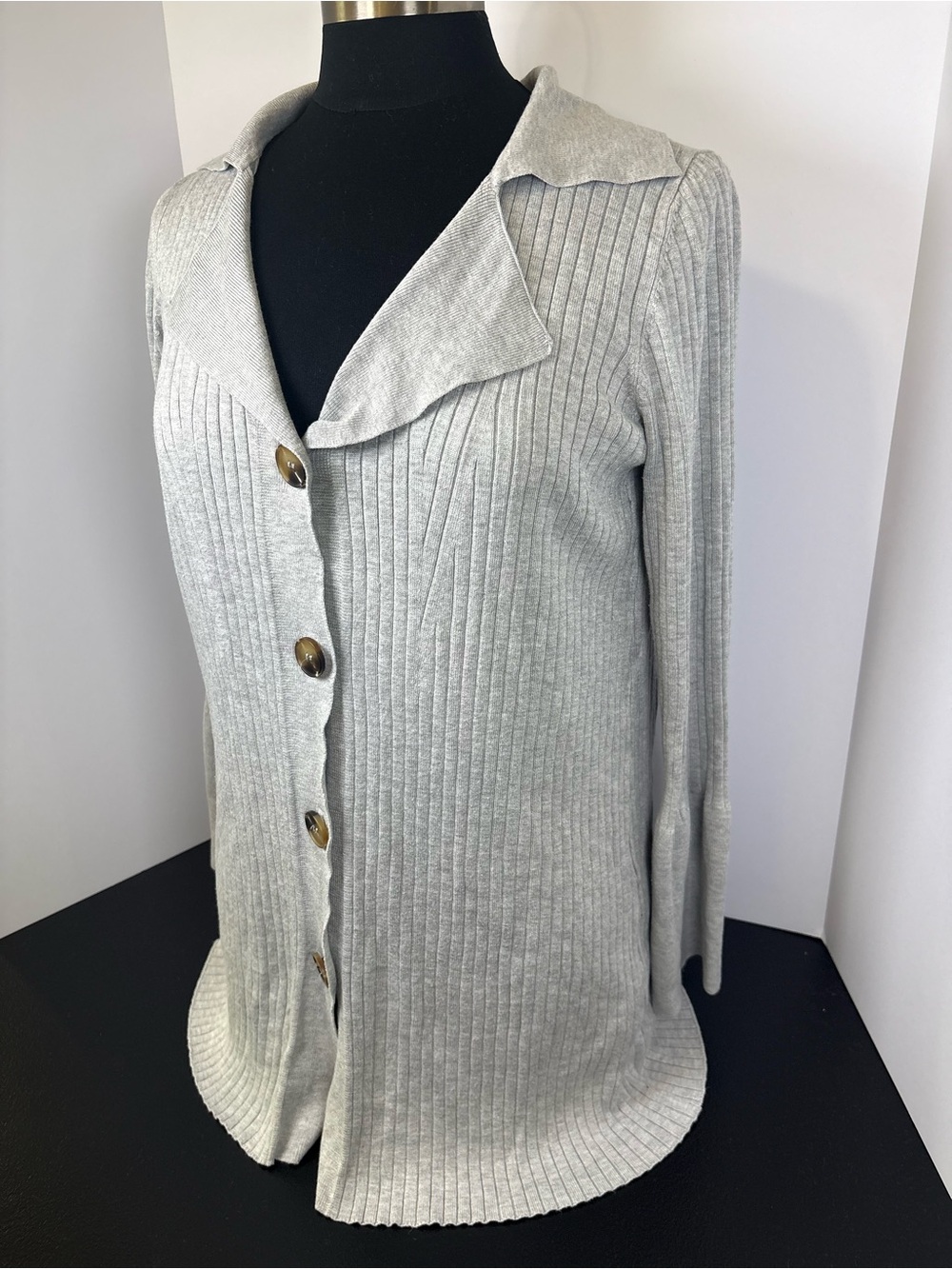 Pink Rose Light Gray Ribbed Button-Front Cardigan - Picture 3 of 6